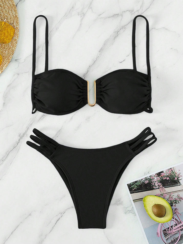 Damen Bikini-Set mit modernen Rüschendetails und elegantem goldenen Akzent Drune