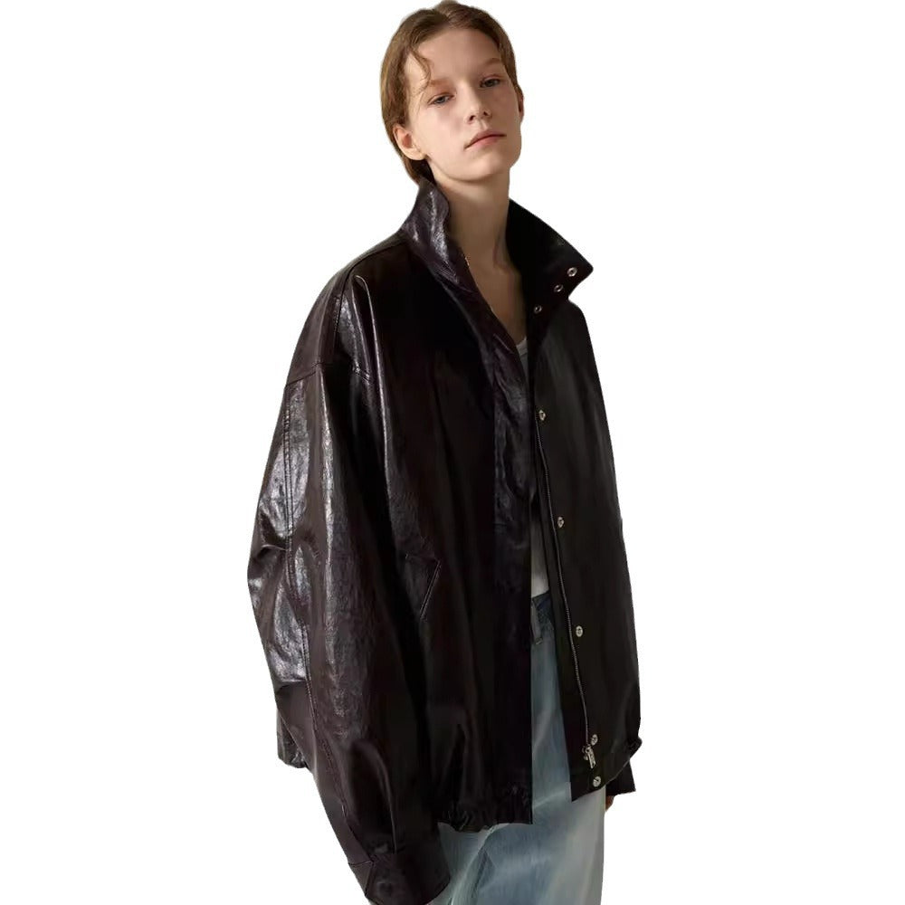 Damen modische Oversized-Lederjacke mit hohem Kragen und Druckknopfverschluss Drune