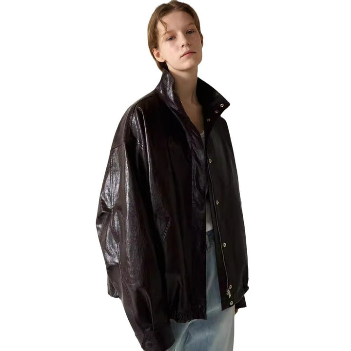 Damen modische Oversized-Lederjacke mit hohem Kragen und Druckknopfverschluss Drune
