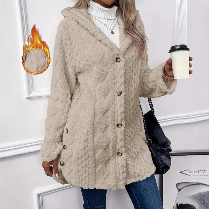 Damen kuscheliger Oversized-Mantel mit Kapuze und Knopfleiste Drune