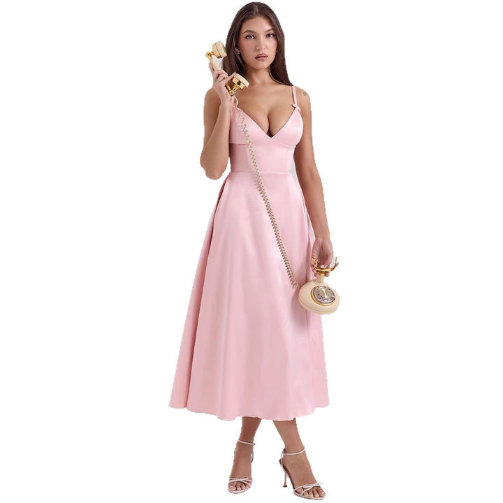 Damen Maxi-Kleid mit elegantem V-Ausschnitt und fließendem Rock Drune