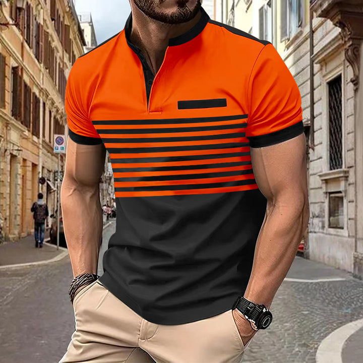 Herren nan kurzärmeliges Henley-Oberteil mit kurzer Knopfleiste, Brustpaspel und Blockstreifen Drune