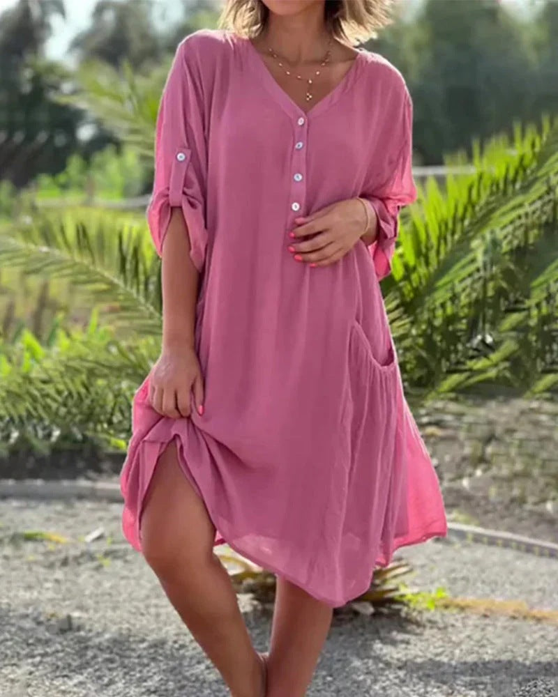Damen nan luftiges V-Ausschnitt Strandkleid mit Knopfleiste, Krempelärmeln und aufgesetzten Seitentaschen Drune
