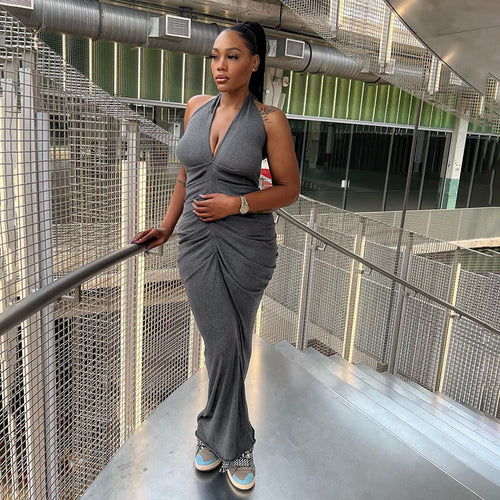 Damen Elegantes Maxikleid mit tiefem V-Ausschnitt und Raffung Drune