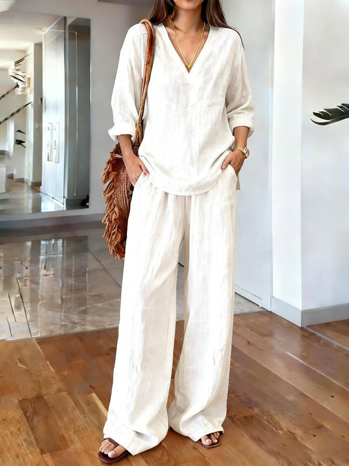 Damen Lässiges Leinenoberteil und weite Palazzo-Hosen Set Drune