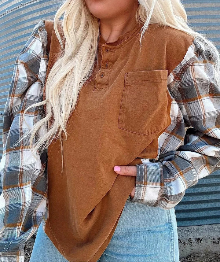 Damen Langarmshirt mit karierten Ärmeln Drune