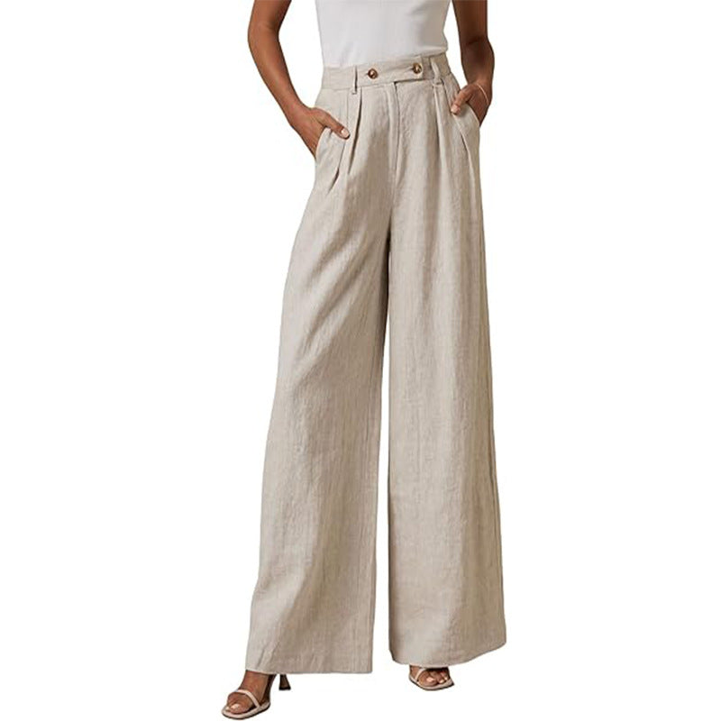 Damen elegante weite Leinenhose mit hohem Bund und Falten Drune