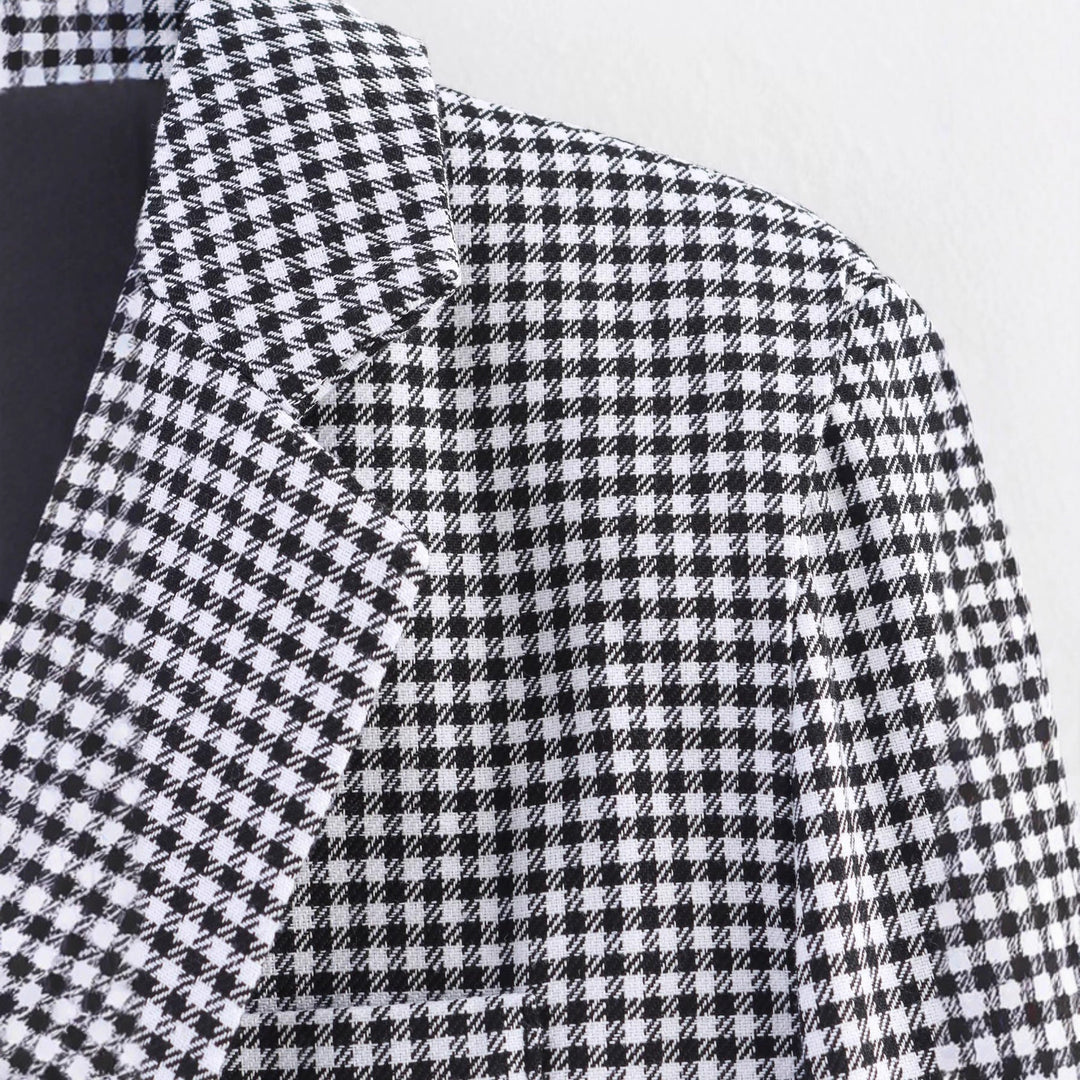 Damen karierter Blazer mit doppelter Knopfleiste und strukturiertem Stoff Drune