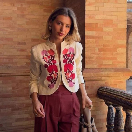 Damen elegante gestickte Blazerjacke mit floralem Design Drune