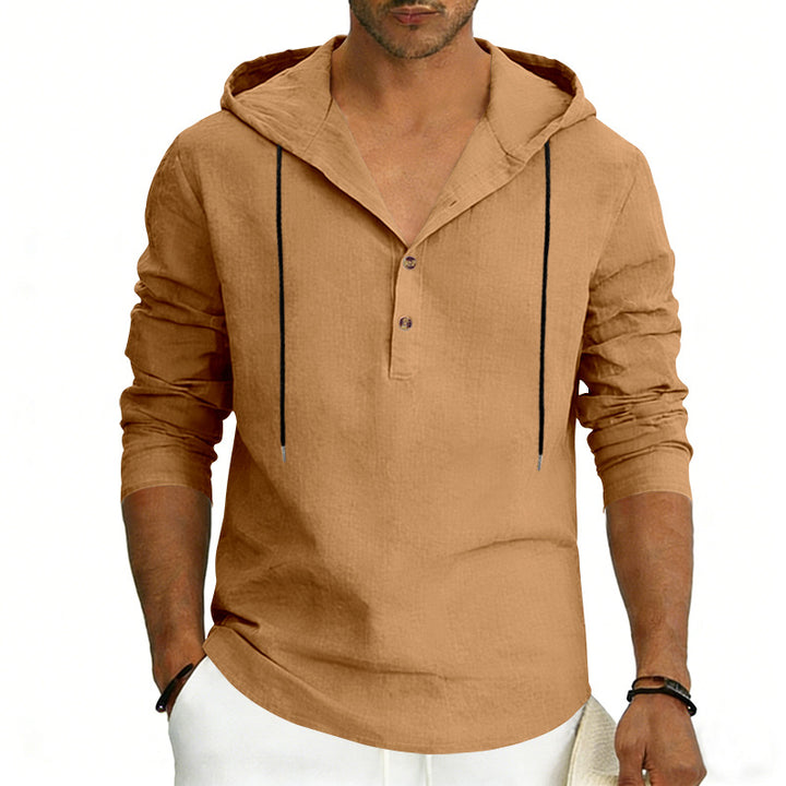 Herren nan Leinen-Henley-Kapuzenhemd mit kurzer Knopfleiste, Kapuze und relaxtem Schnitt Drune