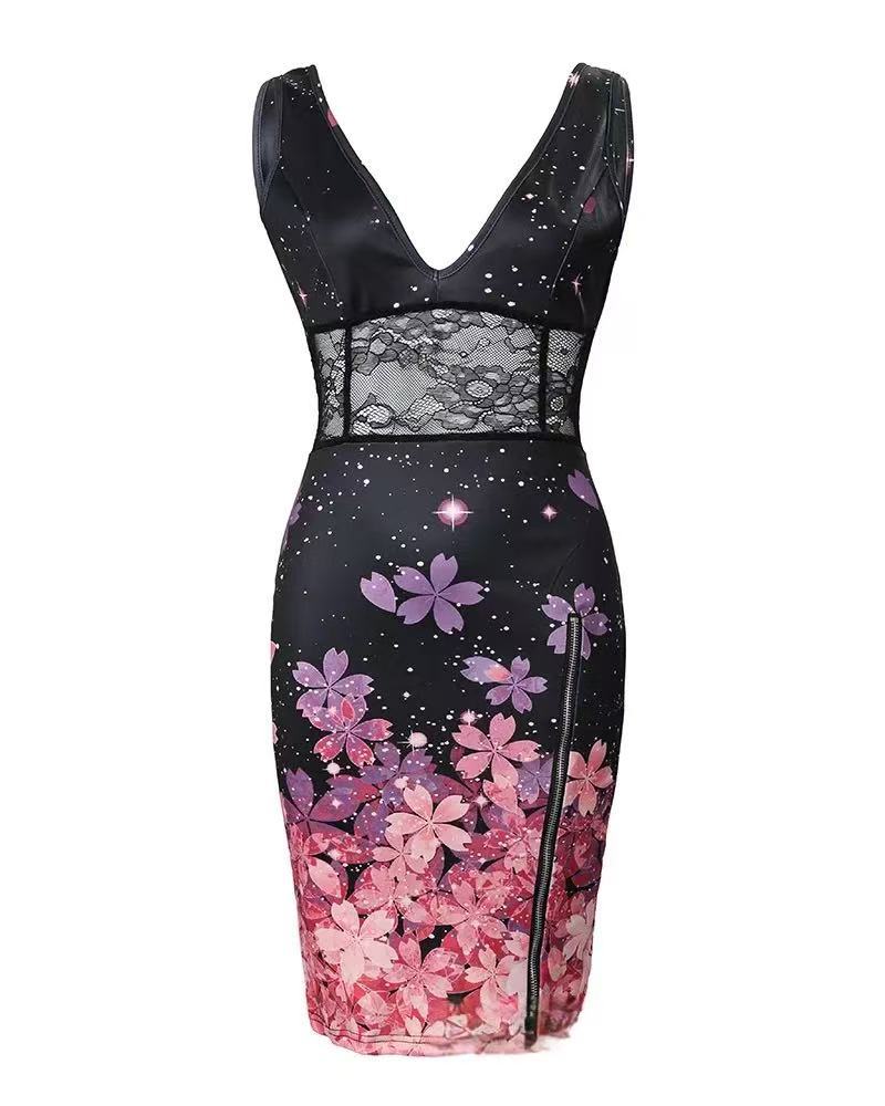 Damen Elegantes Blumenkleid mit tiefem V-Ausschnitt und Spitzen-Details Drune