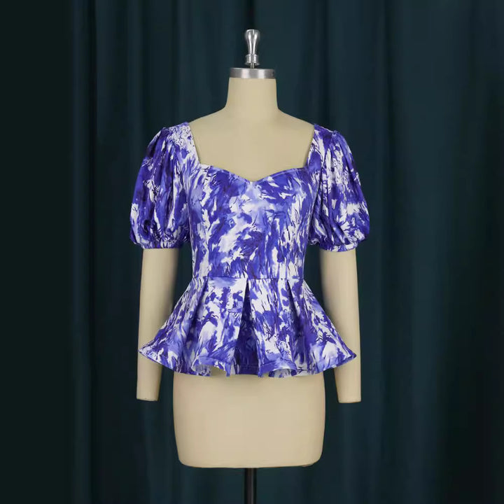 Damen Elegante Peplum Bluse mit Puffärmeln Drune