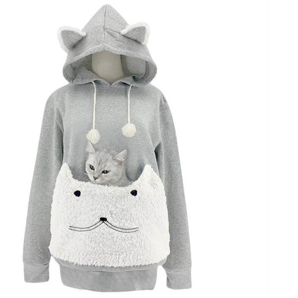 Damen Kuscheliger Kapuzenpullover mit Katzenmotiv und praktischer Känguru-Tasche Drune