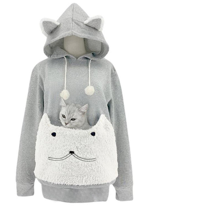 Damen Kuscheliger Kapuzenpullover mit Katzenmotiv und praktischer Känguru-Tasche Drune
