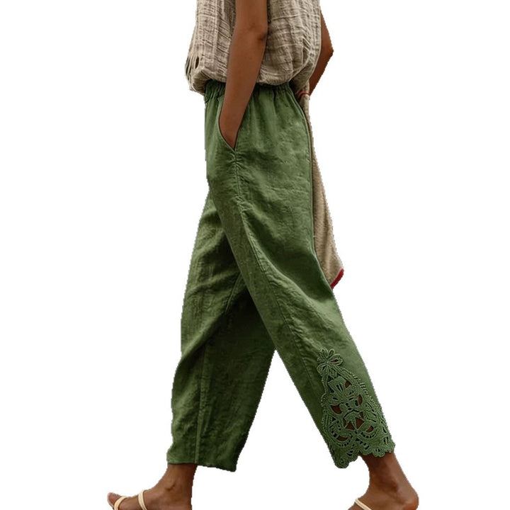 Damen elegante Leinenhose mit Spitzenapplikationen Drune
