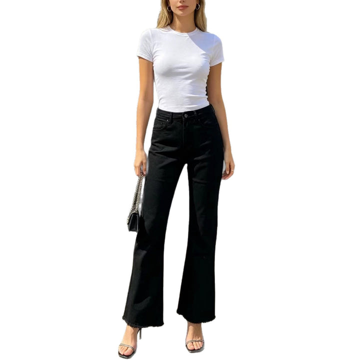 Damen nan hochgeschnittene Flared-Jeans mit taillierendem Bund, leichtem Stretch und rohem Saum Drune