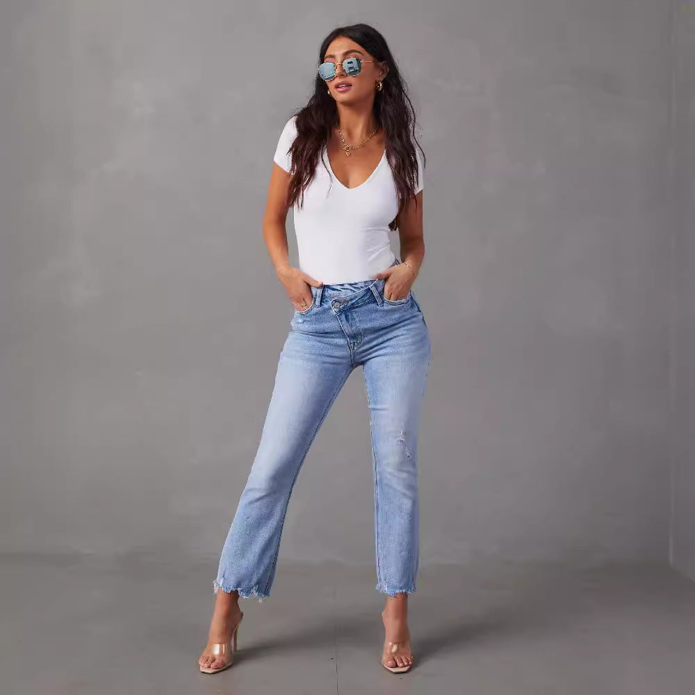 Damen High-Waist Jeans mit trendy Fransen und distressed Details Drune