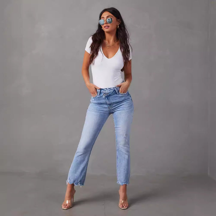 Damen High-Waist Jeans mit trendy Fransen und distressed Details Drune