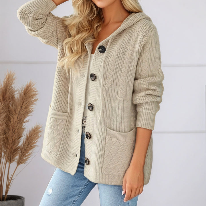 Damen nan gerippter Kapuzen-Strickcardigan mit Zopfmuster, großen Holzknöpfen und aufgesetzten Taschen Drune