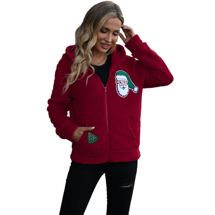 Damen kuschelige Weihnachtsjacke mit Kapuze und festlichem Druck Drune