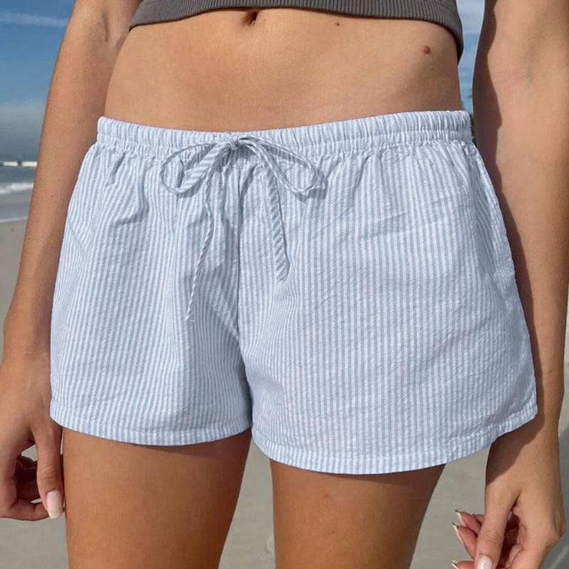 Damen Kurzschlafhose mit elastischem Bund und modischem Bindegürtel Drune