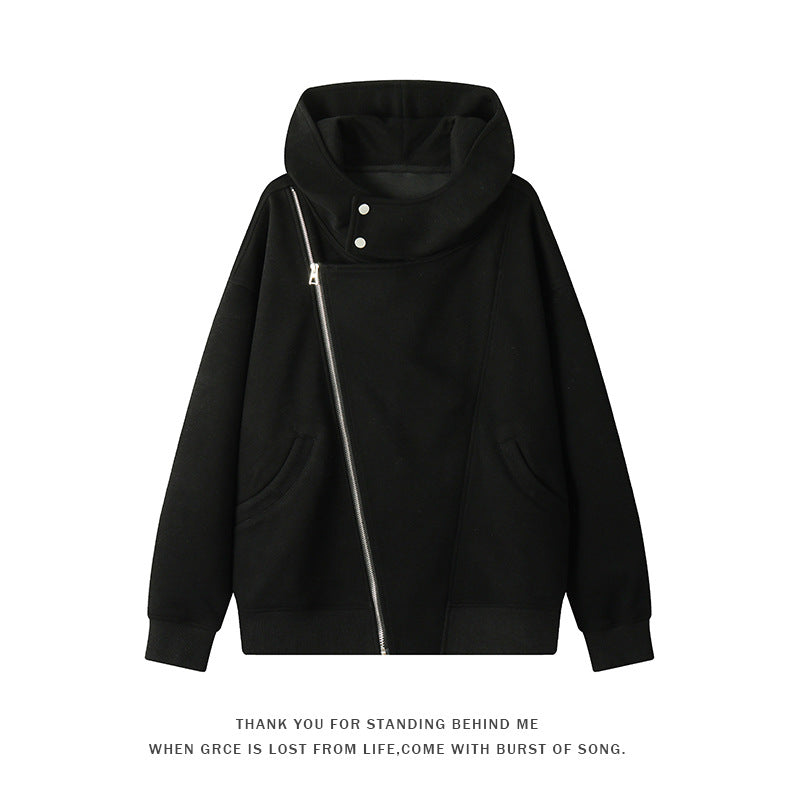 Damen nan asymmetrischer Kapuzenpullover mit hohem Kragen, diagonalem Reißverschluss und Kängurutaschen Drune
