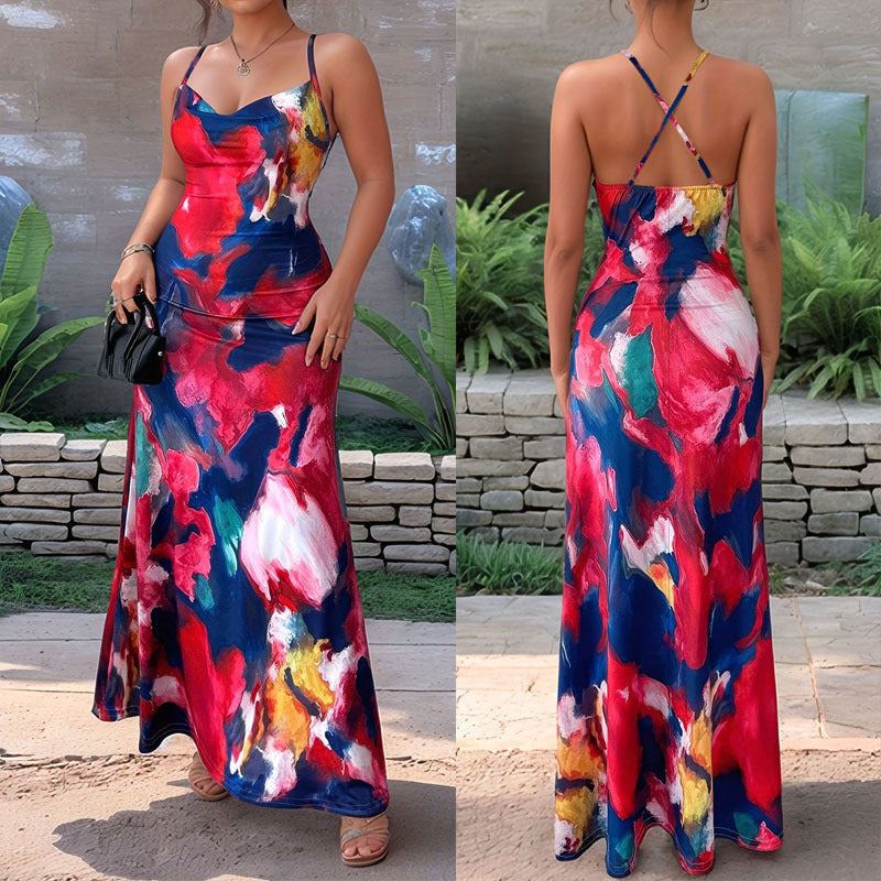 Damen Maxikleid mit floralem Aquarelldruck und schmalen Spaghetti-Trägern Drune