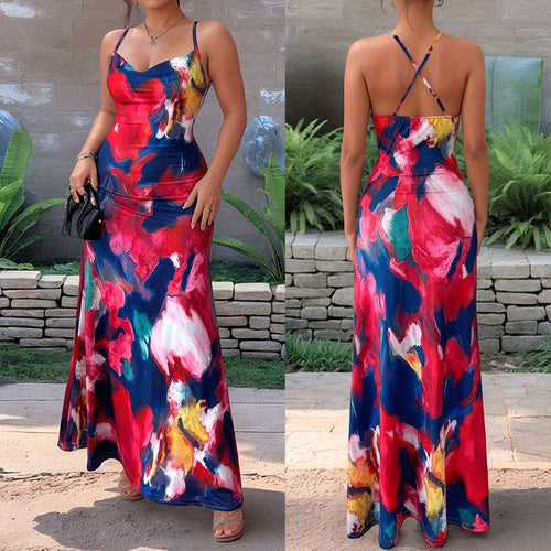 Damen Maxikleid mit floralem Aquarelldruck und schmalen Spaghetti-Trägern Drune