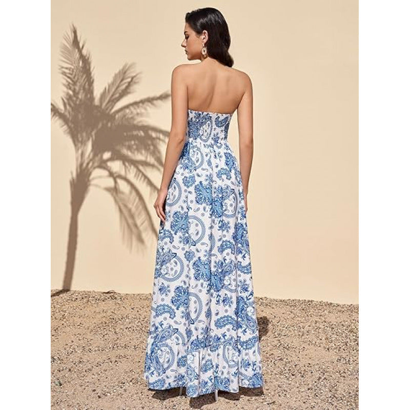 Damen Maxikleid im zeitlosen Paisleymuster mit schulterfreiem Design und voluminösem Saum Drune
