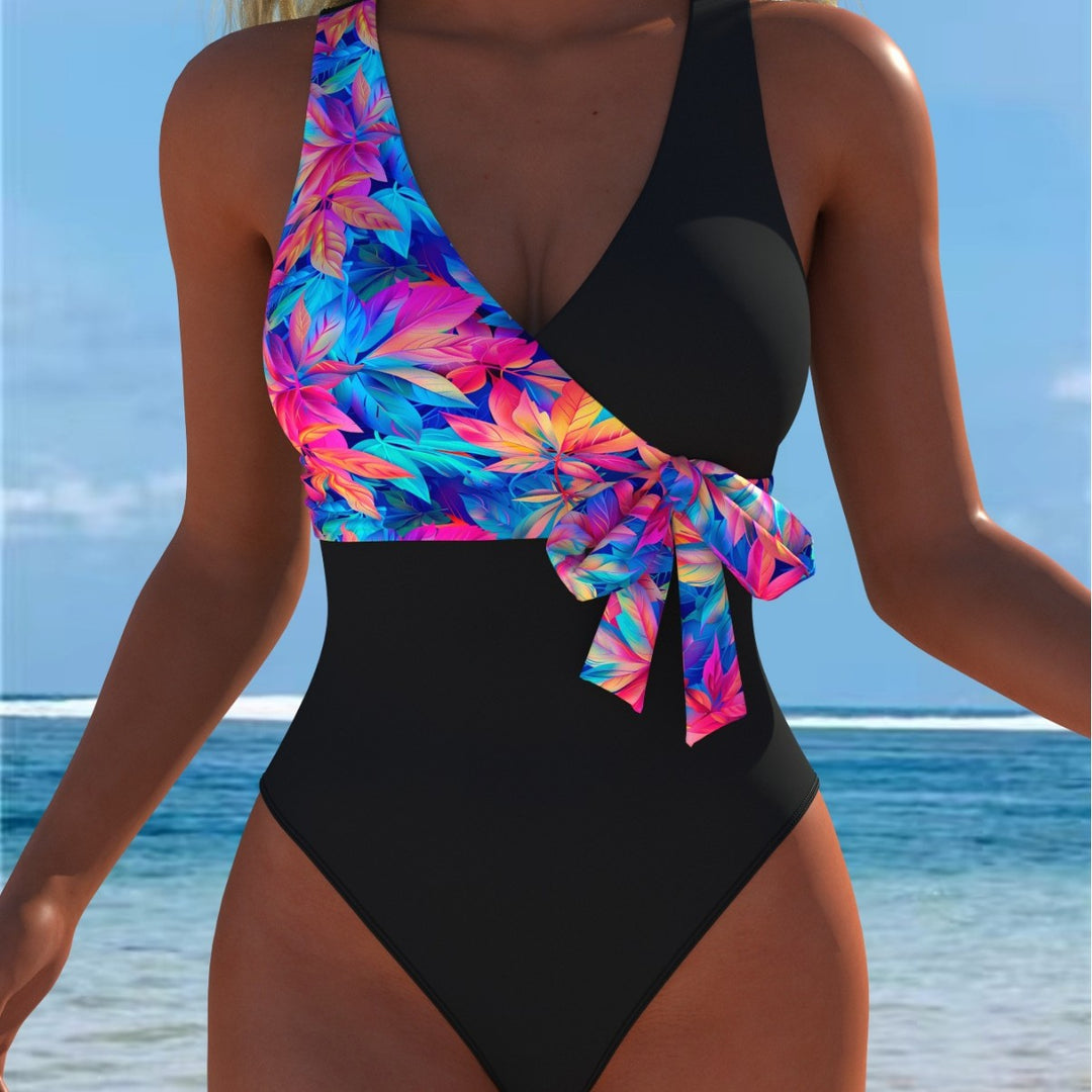 Damen Einteiler Badeanzug mit femininem Wickeldetail und auffälligem Floral-Design Drune