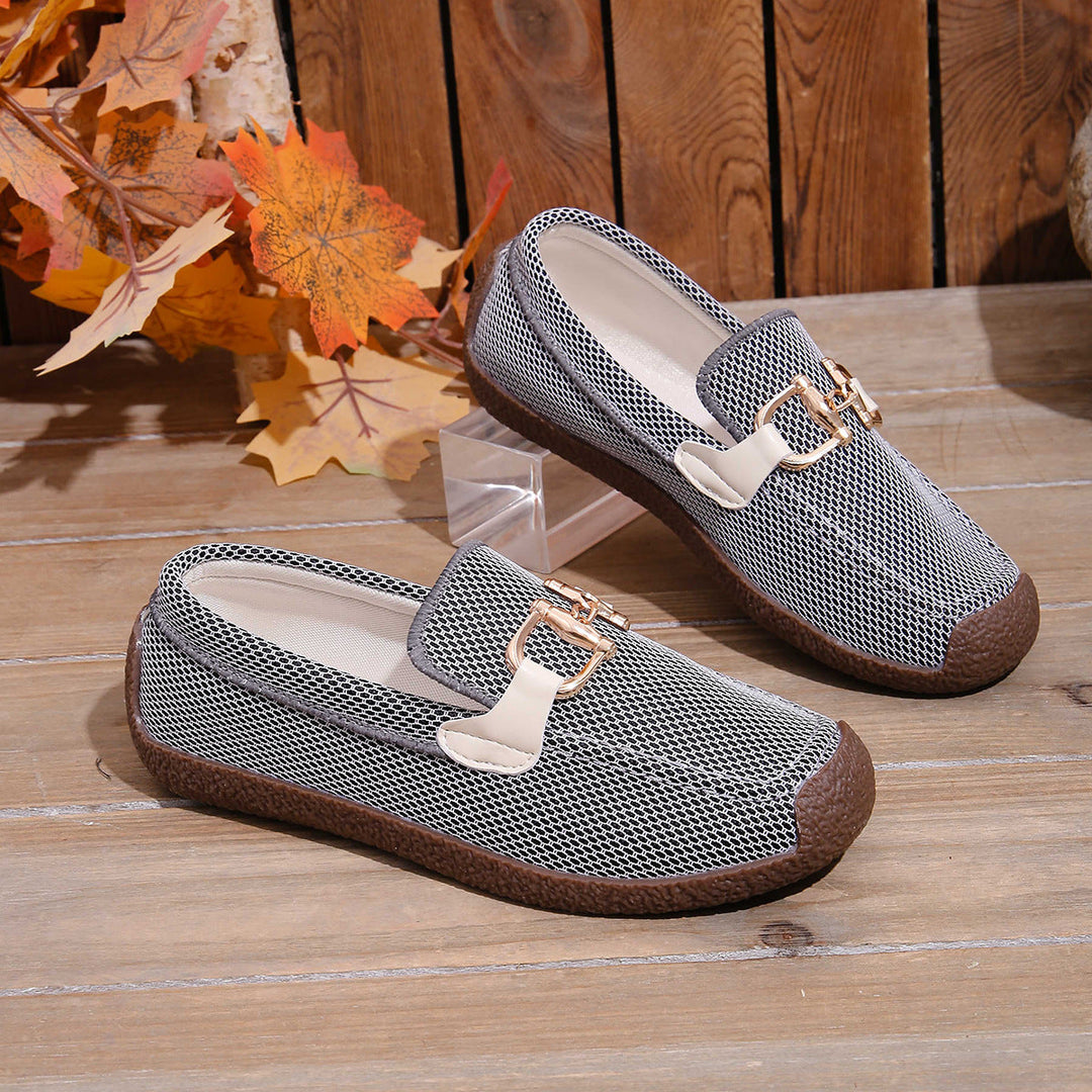 Damen leichte Slip-On Mokassins mit atmungsaktivem Mesh-Obermaterial und modischer Schnallenverzierung Drune