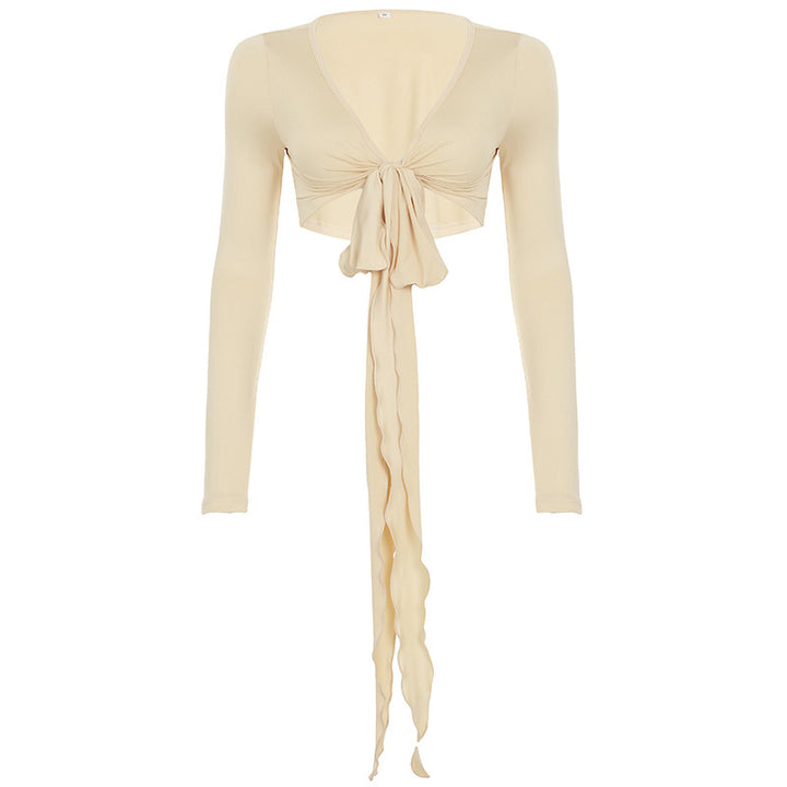 Damen Crop-Top mit verspieltem Bindeband und langen Ärmeln Drune