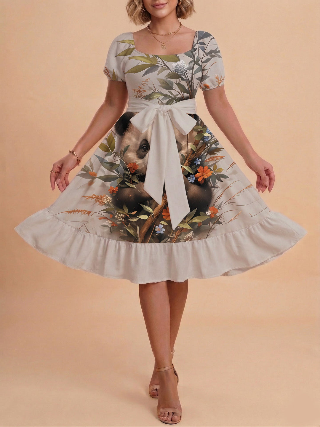 Damen Sommerliches Blumenkleid mit taillierbarem Gürtel und voluminösen Ärmeln Drune