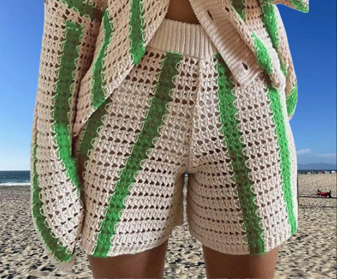 Damen Freizeit-Set mit gehäkeltem Design und dekorativen Knöpfen Drune