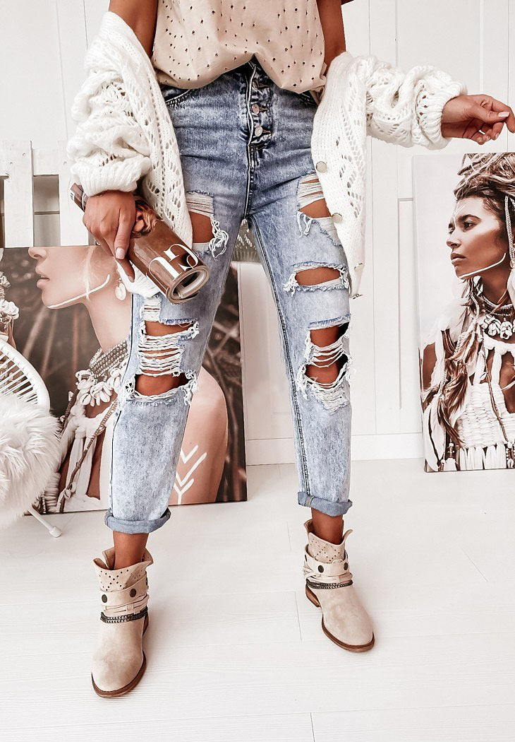 Damen Destroyed Jeans im lässigen Boyfriend-Schnitt mit hohem Bund und Details Drune