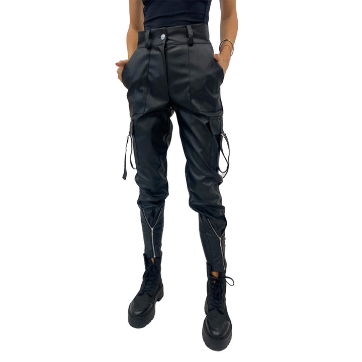 Damen wasserdichte Kunstleder-Cargo-Hose mit Reißverschlüssen und verstellbaren Bündchen Drune