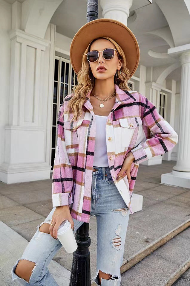 Damen Karierte Flanelljacke mit Knopfleiste und Taschen Drune