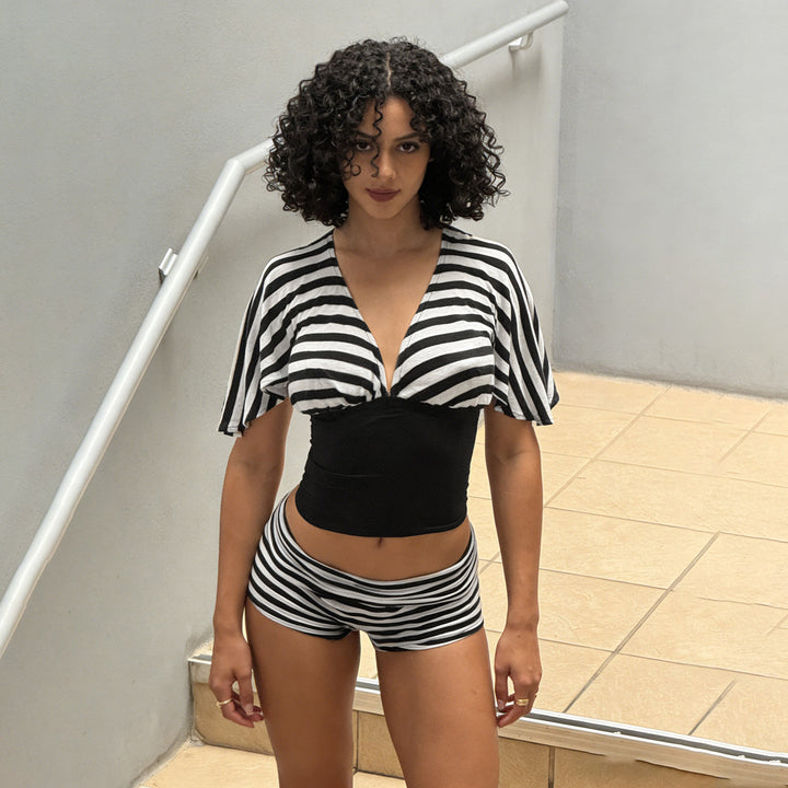 Damen Biquini-Set mit voluminösen Ärmeln und gestreiftem Design Drune