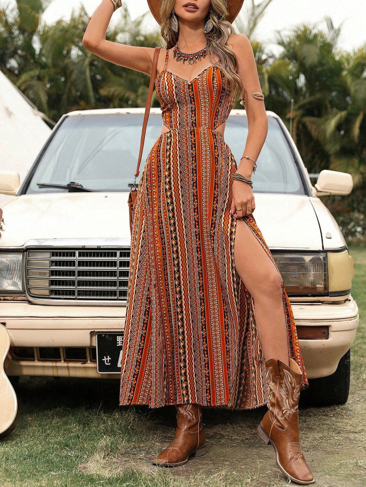 Damen Boho Maxikleid mit ausgeschnittenen Seiten und verstellbaren Trägern Drune