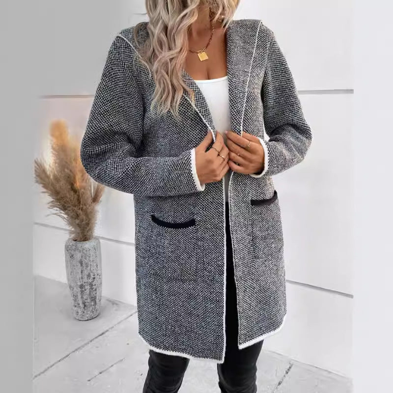 Damen Modische Strickjacke mit Kapuze und aufgesetzten Taschen Drune