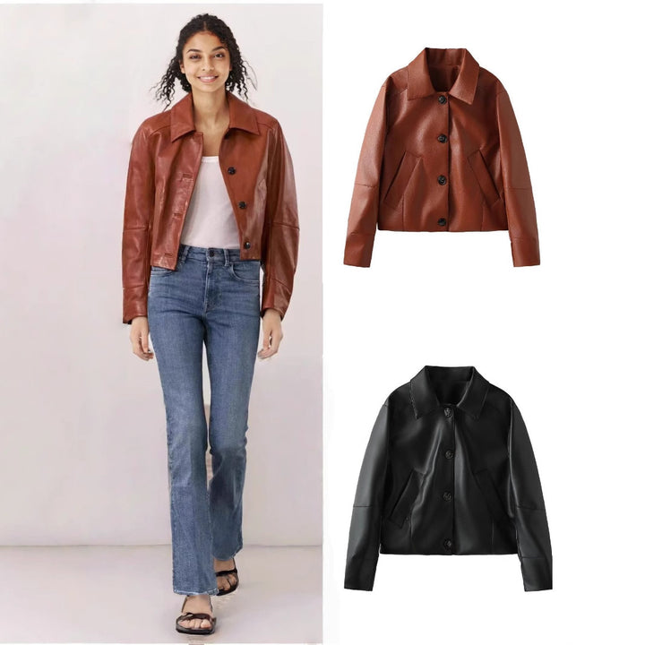 Damen Kunstlederjacke mit modernen Knopfdetails Drune