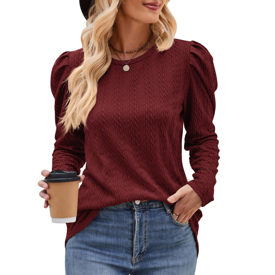 Damen elegantes Langarmshirt mit strukturiertem Muster und Puffärmeln Drune