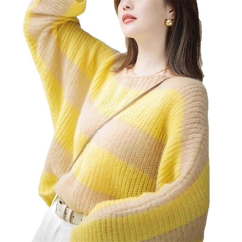 Damen lässiger grobstrick Pullover mit transparentem Muster Drune