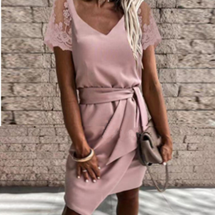 Damen Elegantes Kleid mit Spitzenärmeln und Wickelgürtel Drune