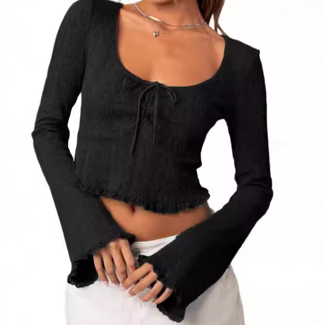 Damen Cropped Top mit Schnüroptik und Spitzenverzierungen Drune