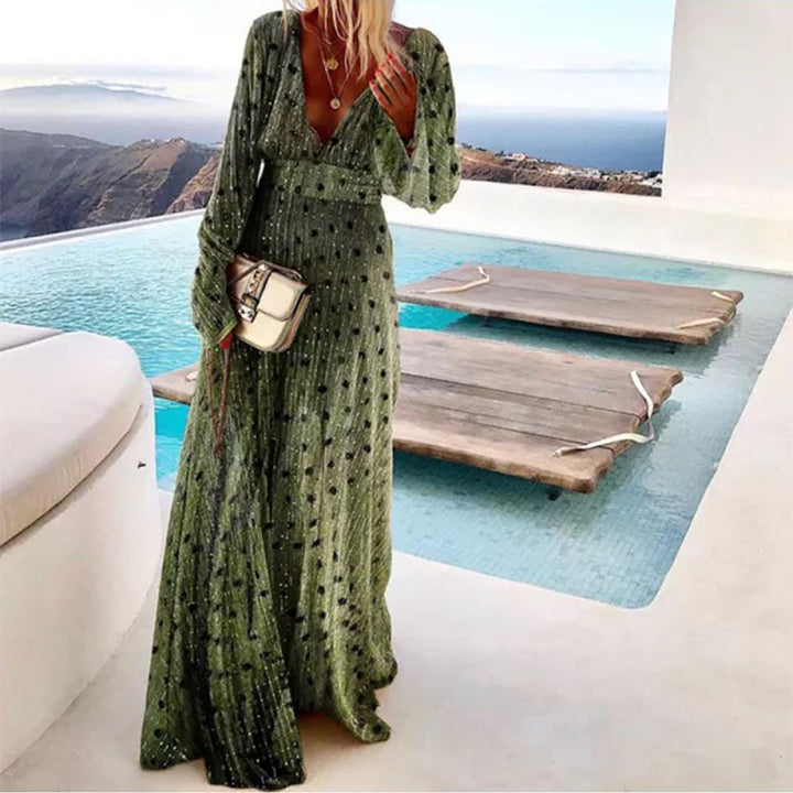 Damen Maxikleid mit elegantem V-Ausschnitt und schwingenden Ärmeln Drune