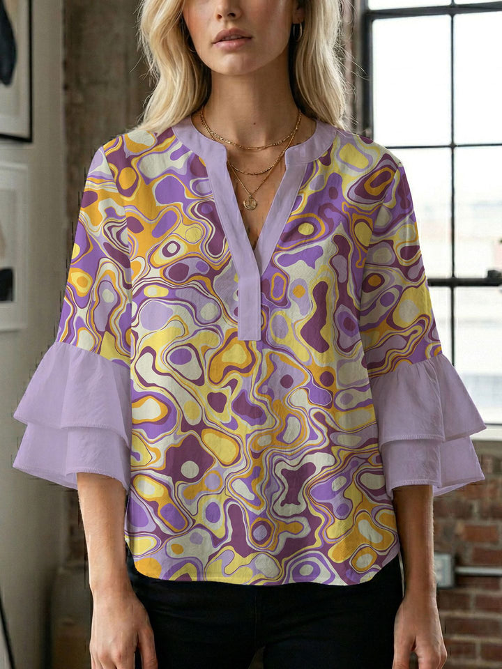 Damen Bluse mit voluminösen Flügelärmel und intensivem Blattmuster Drune