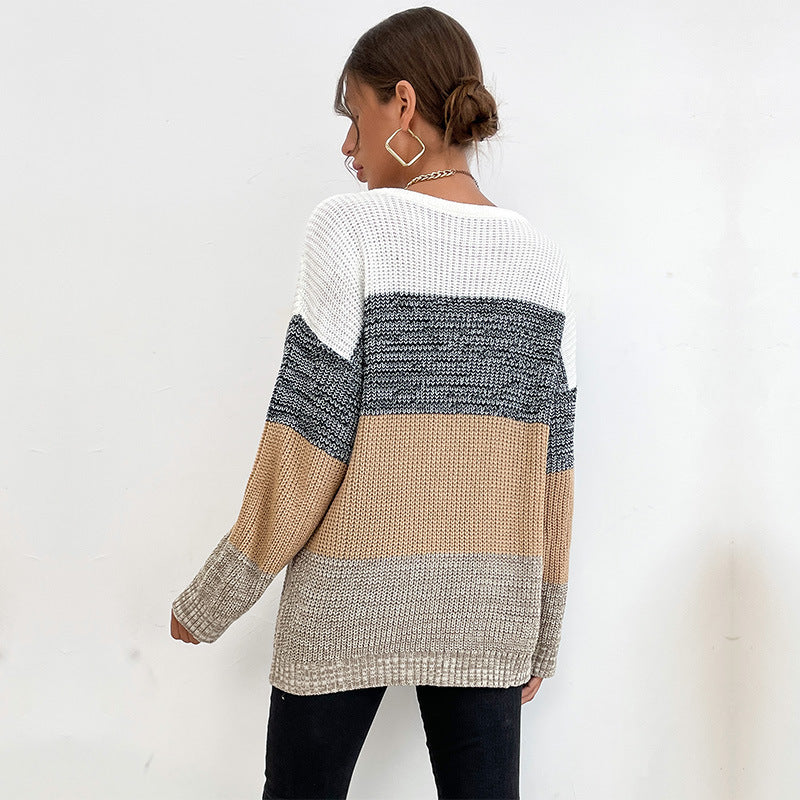 Damen lässiger Strickpullover mit blockierendem Farbdesign Drune