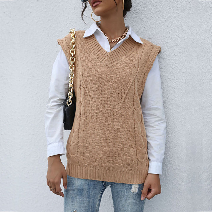 Damen klassischer Strickpullover ohne Ärmel mit V-Ausschnitt und strukturiertem Muster Drune