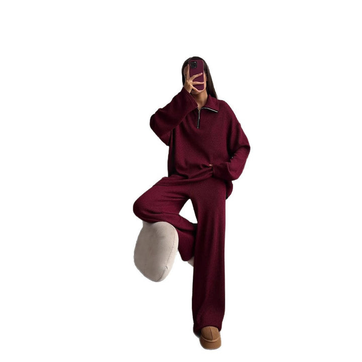 Damen gemütliches Strick-Jogging-Set mit hohem Kragen und Reißverschluss Drune